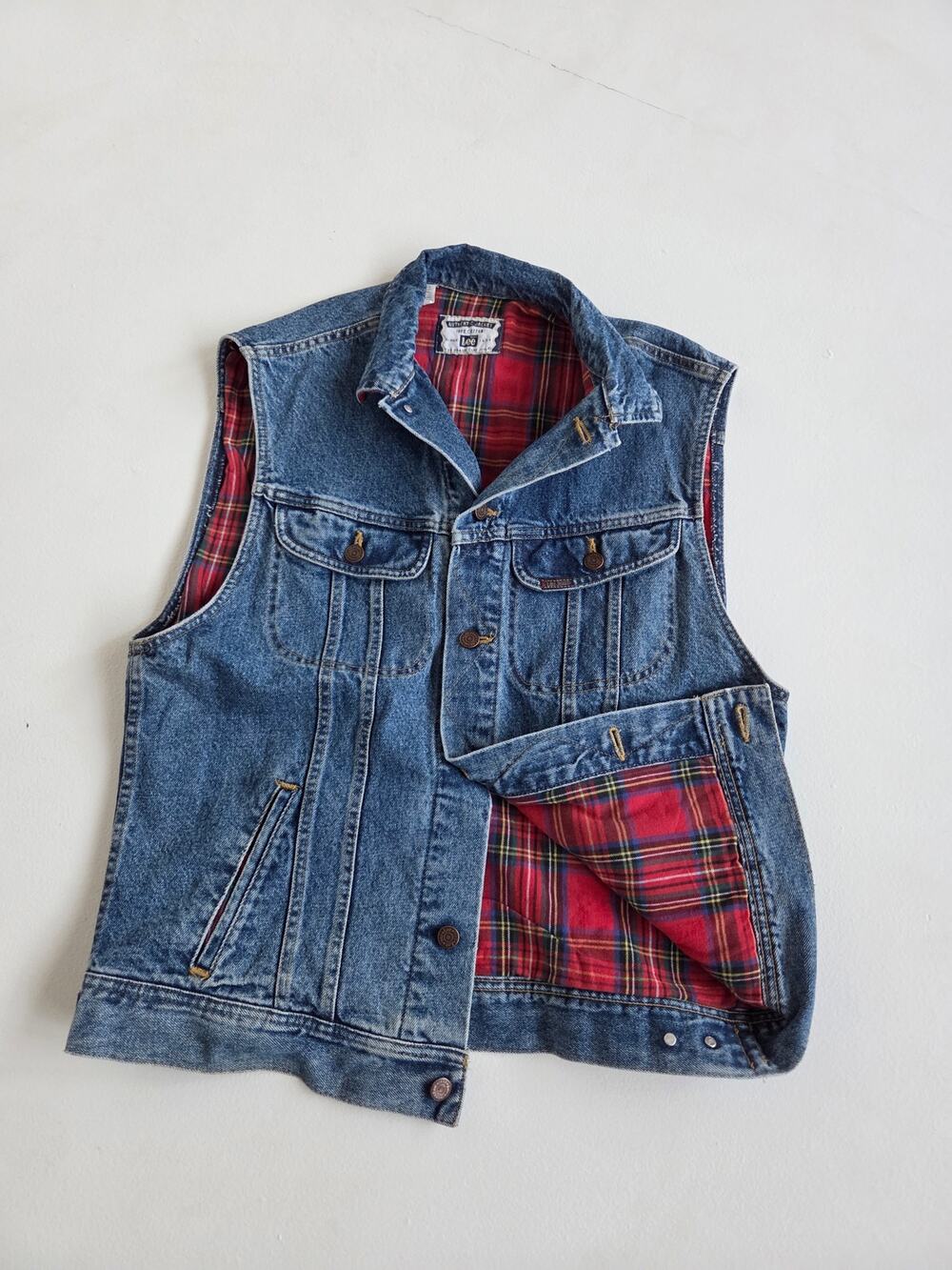 Vintage 90s Lee Heritage Denim Vest Mens M Red Plaid Lined Trucker Workwear